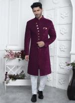 Art Silk Burgandy Wedding Wear Pattern Pc Readymade Sherwani